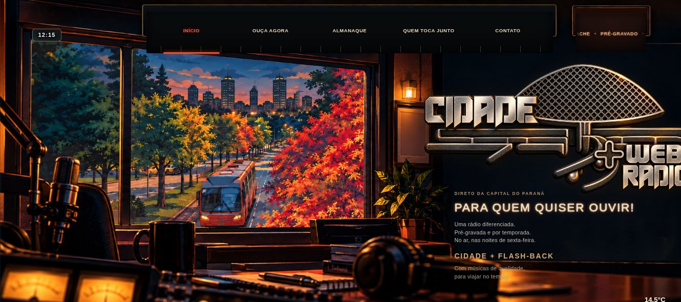 Prévia do hero da Cidade Mais Web Rádio: estúdio retrô com janela para Curitiba