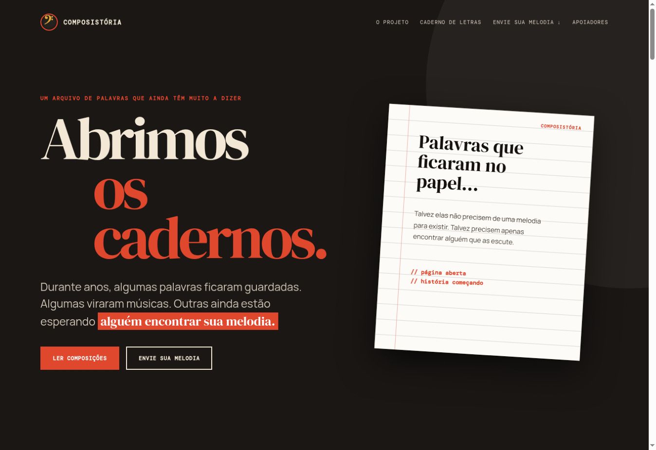 Prévia do hero da Composistória: Abrimos os cadernos